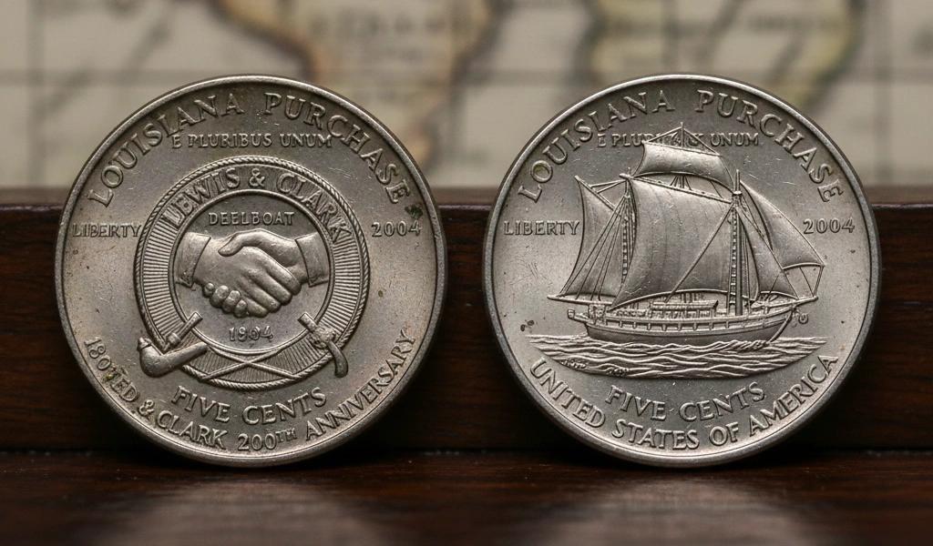 Two 2004 Lewis and Clark nickels side by side, showing both designs