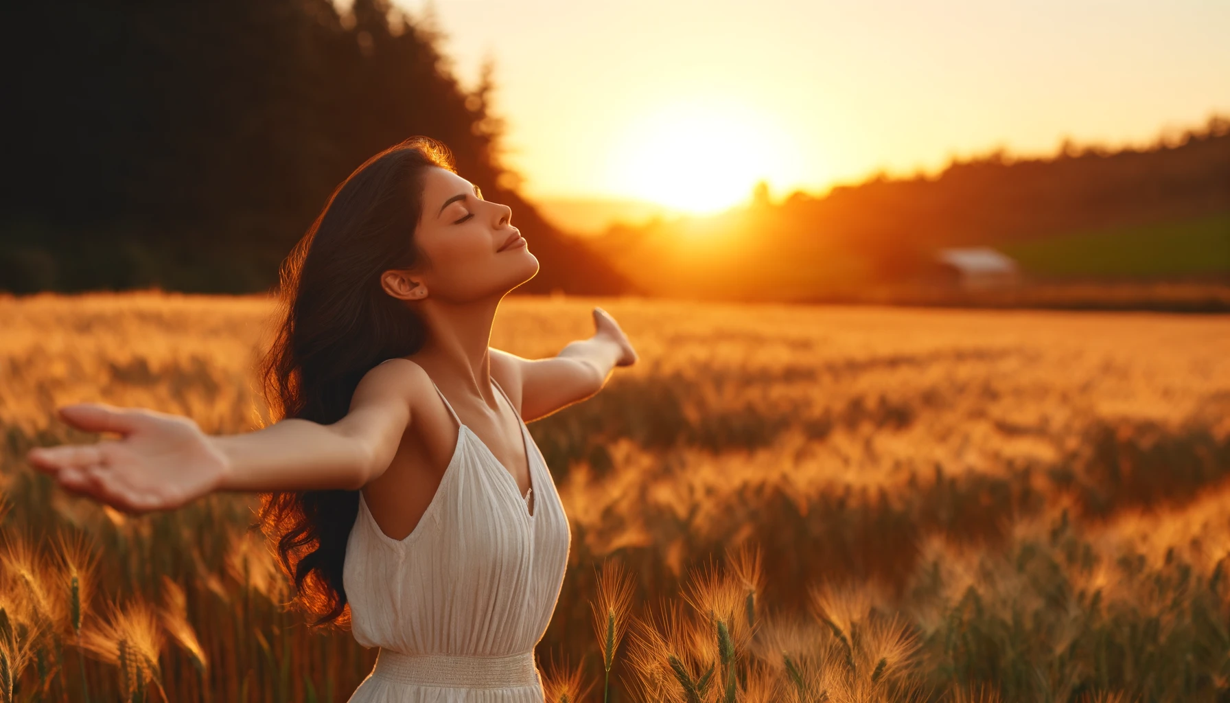 A serene Latin woman standing in a field at sunset, her arms spread wide and her face tilted upwards as if embracing the warmth and beauty of the setting sun