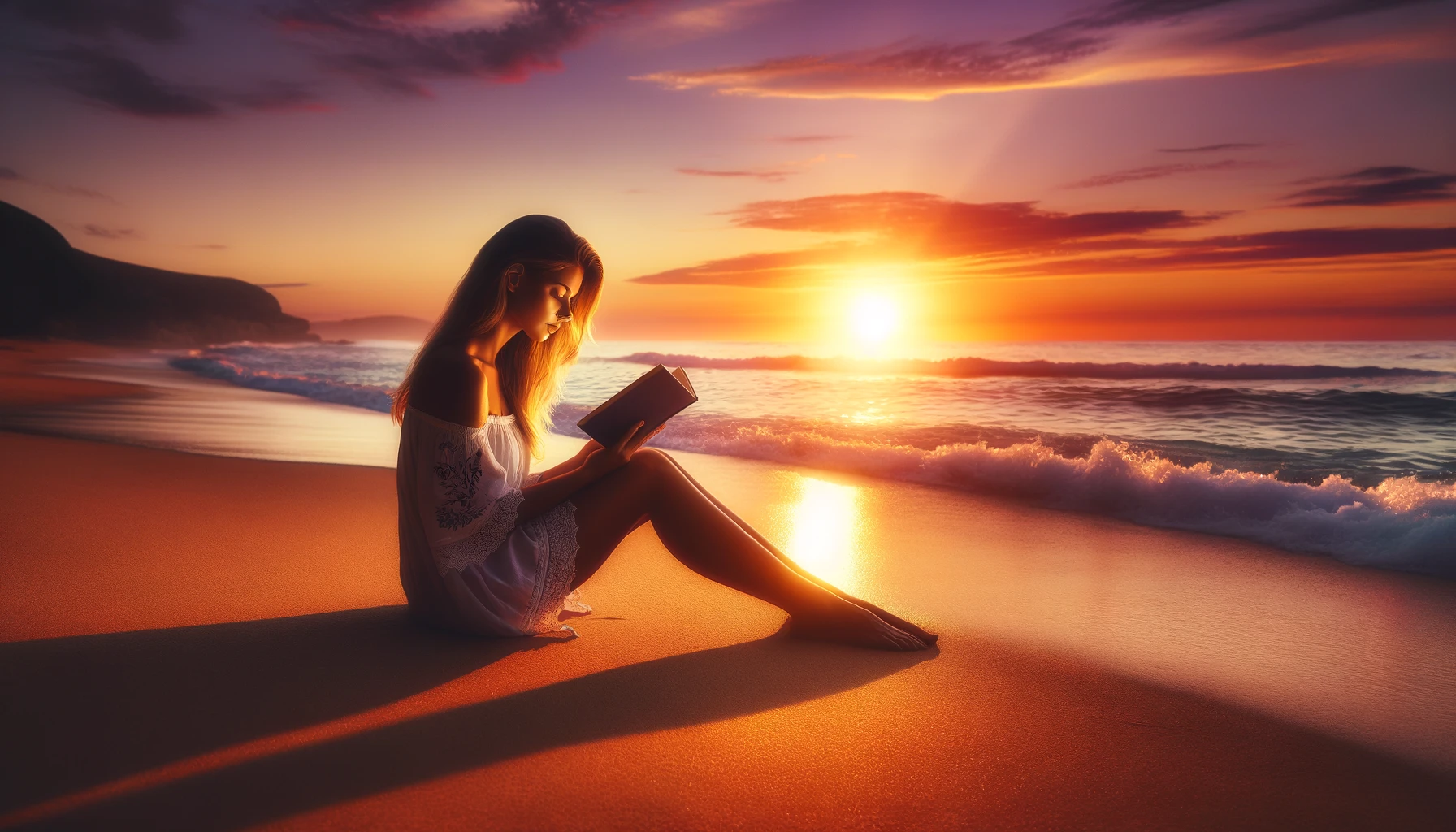 A serene image of a woman sitting on a beach at sunset, deeply engrossed in reading a book by the sea