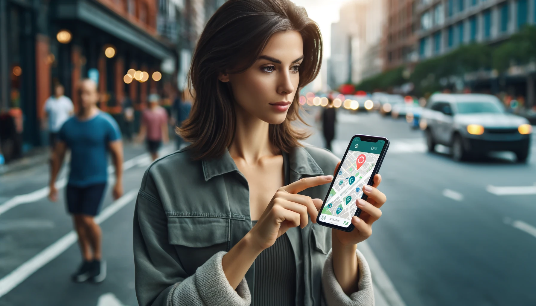 an attractive woman using a location-based app on her smartphone to search for yoga studios