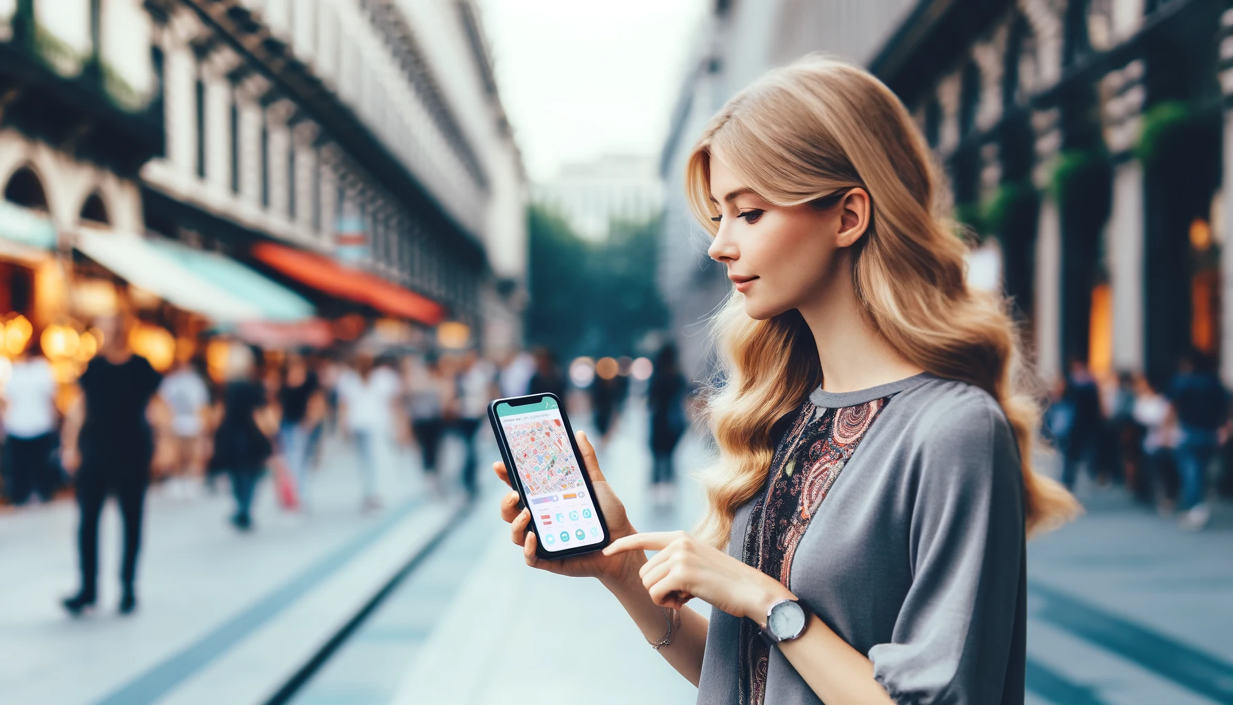 a stylish young woman using her smartphone to search for yoga studios in an urban setting