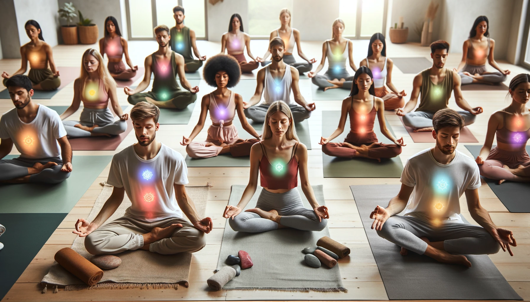 A group of yoga students meditating and focusing on their chakras during a class in a serene environment