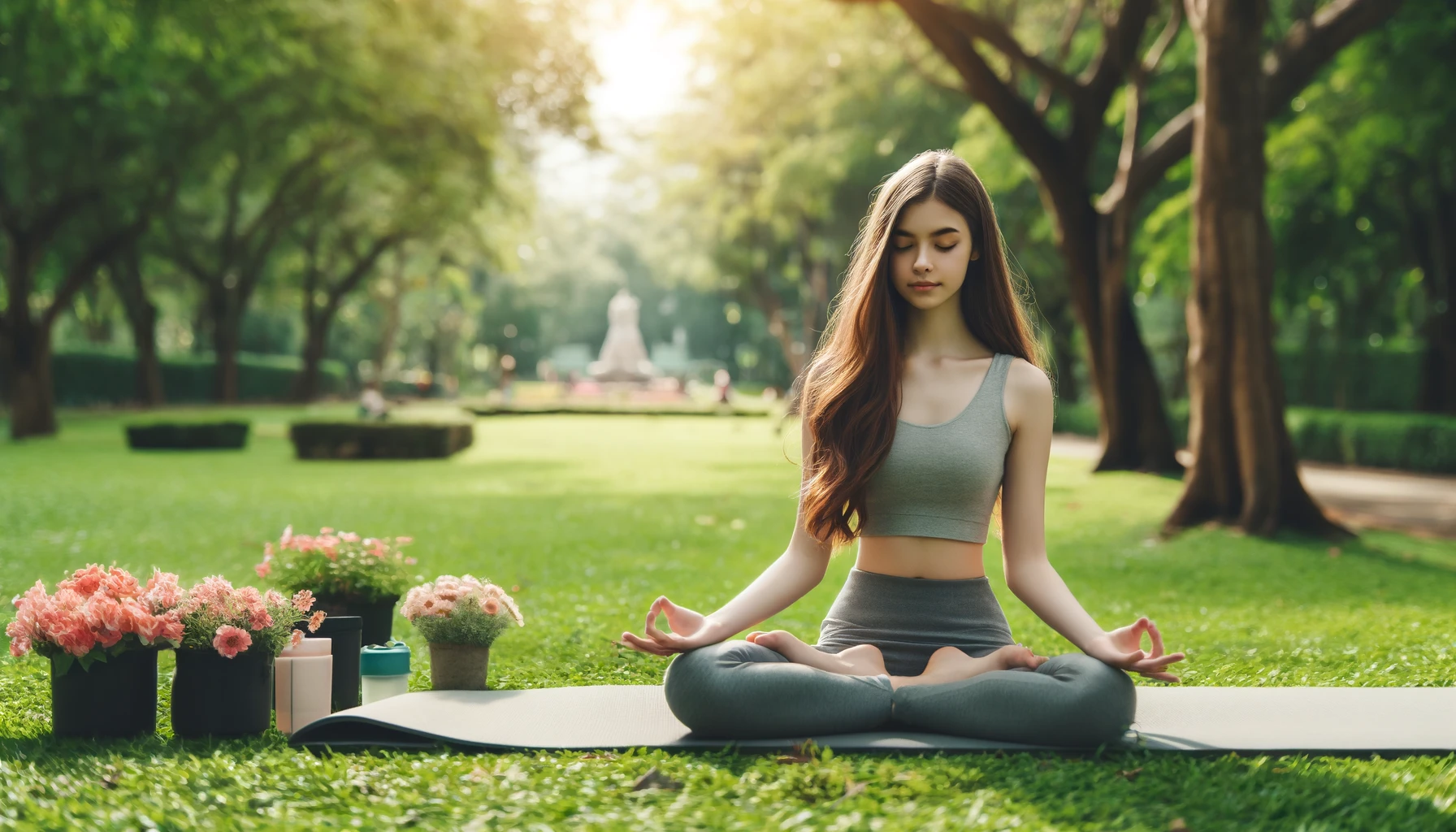 A young girl practicing yoga in a public park, meditating in the lotus pose