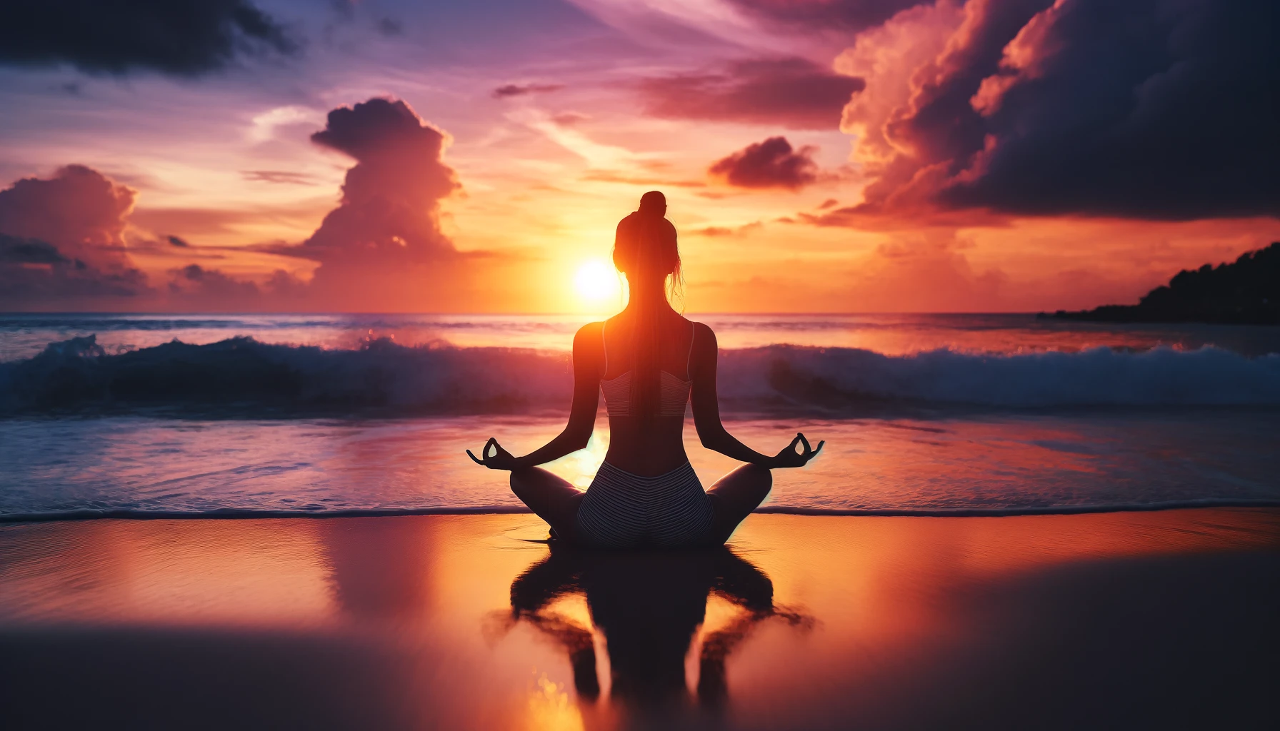 A girl practicing yoga and meditating on the beach at sunset, capturing a serene and inspirational moment