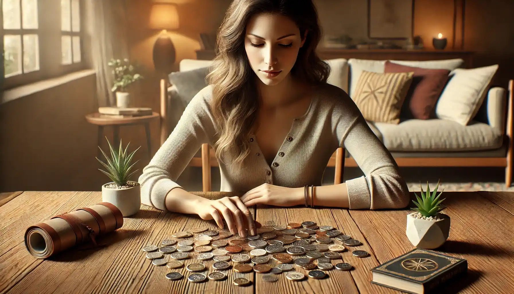 A woman is sitting at a wooden table, thoughtfully choosing a coin to use as a positive anchor.