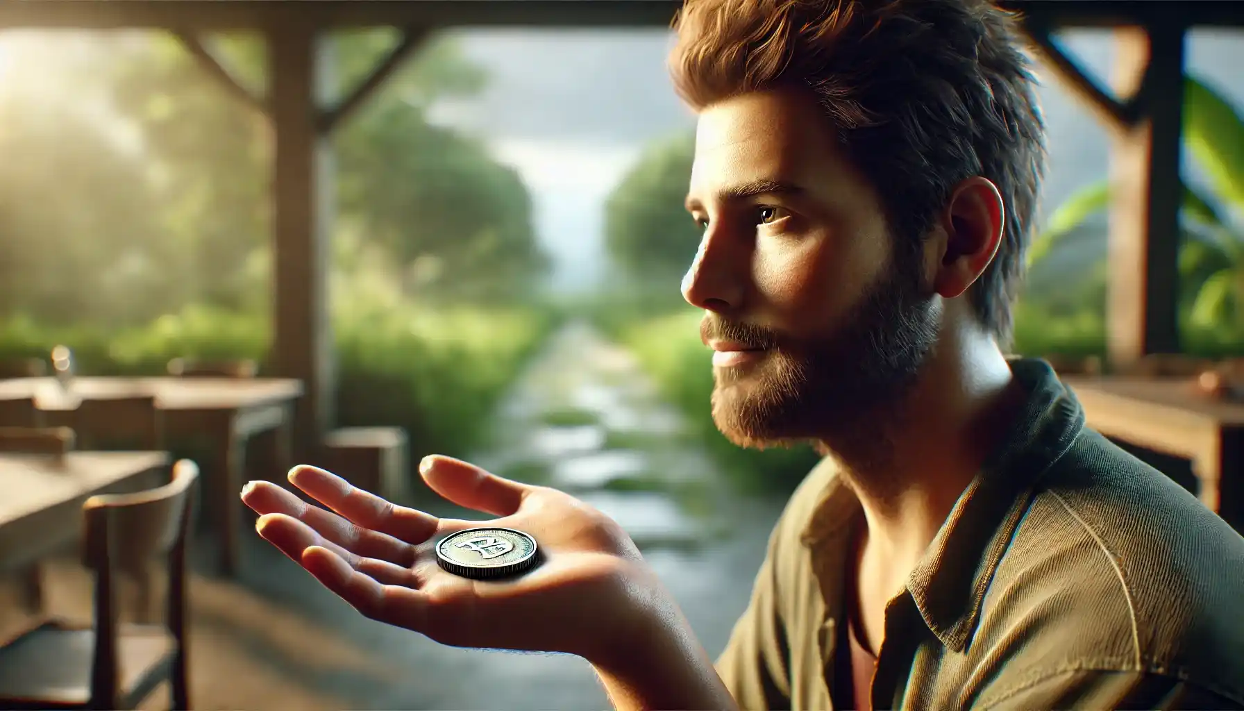 A man is holding a coin in the palm of his hand, using it as a positive anchor. 