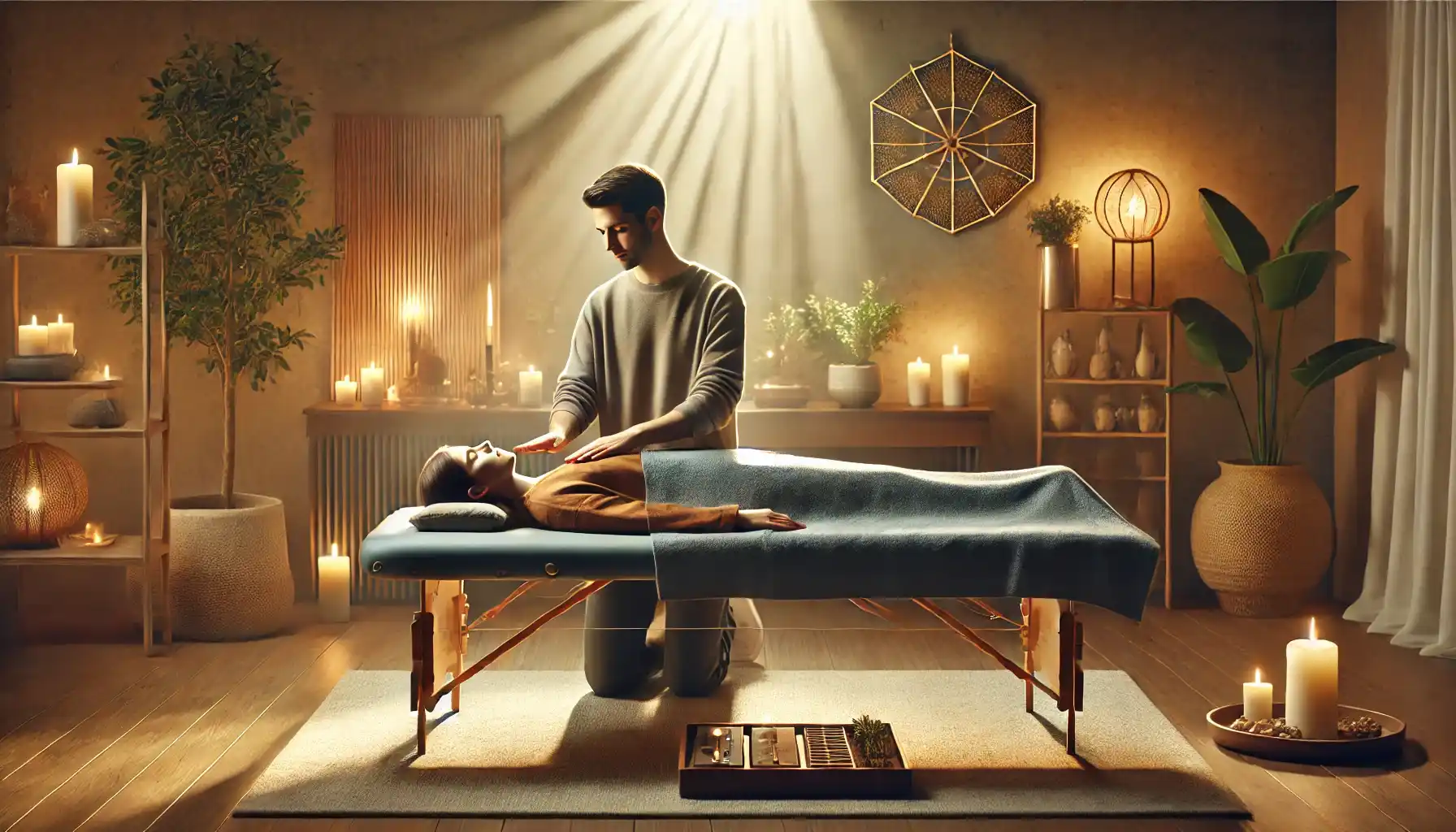 a tranquil Reiki energy massage session in a serene wellness studio. 