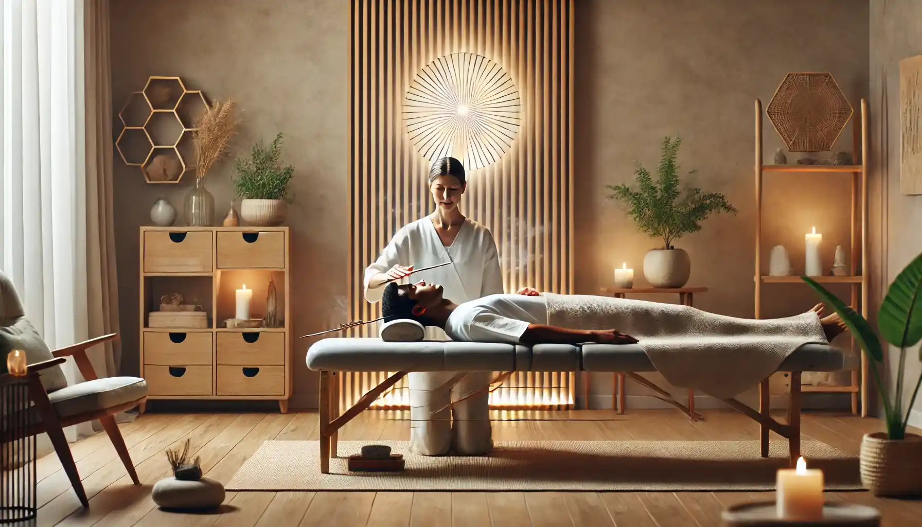 a peaceful Reiki session in a minimalist wellness studio. 