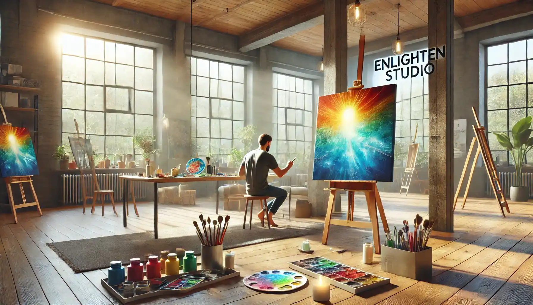 a peaceful art therapy session at Enlighten Studio, featuring a participant creating vibrant abstract art on a canvas.