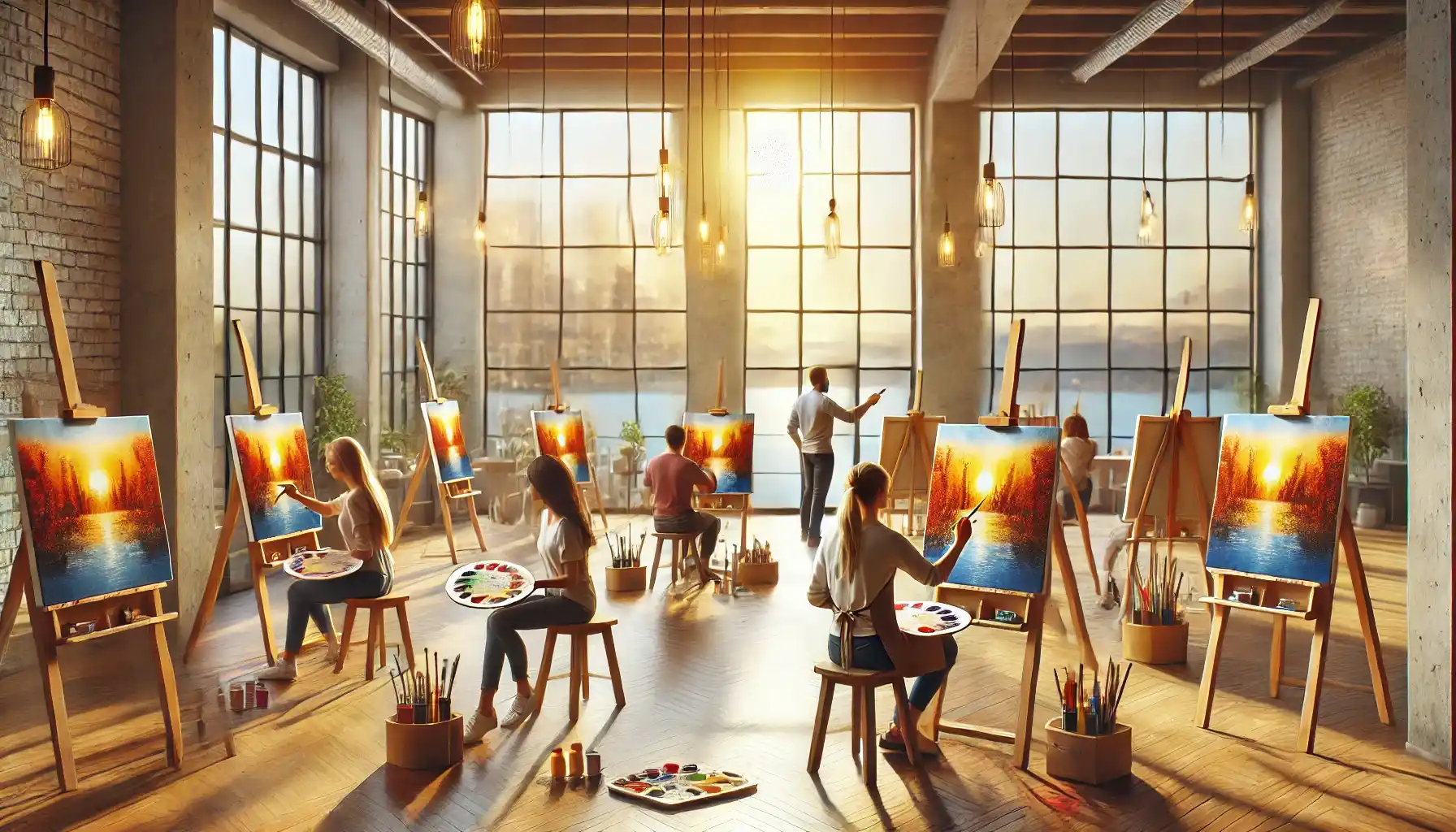 a serene art therapy class in a well-lit studio, featuring participants painting on easels with vibrant colors.