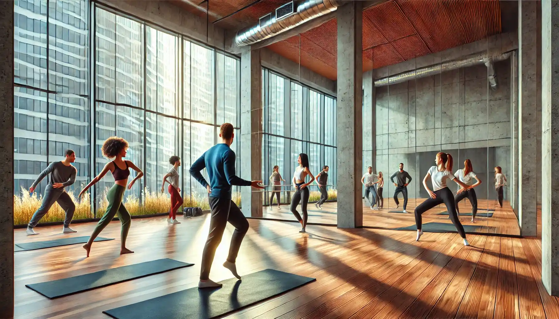 a dance therapy class in a spacious, modern studio with wooden floors and large mirrors. 