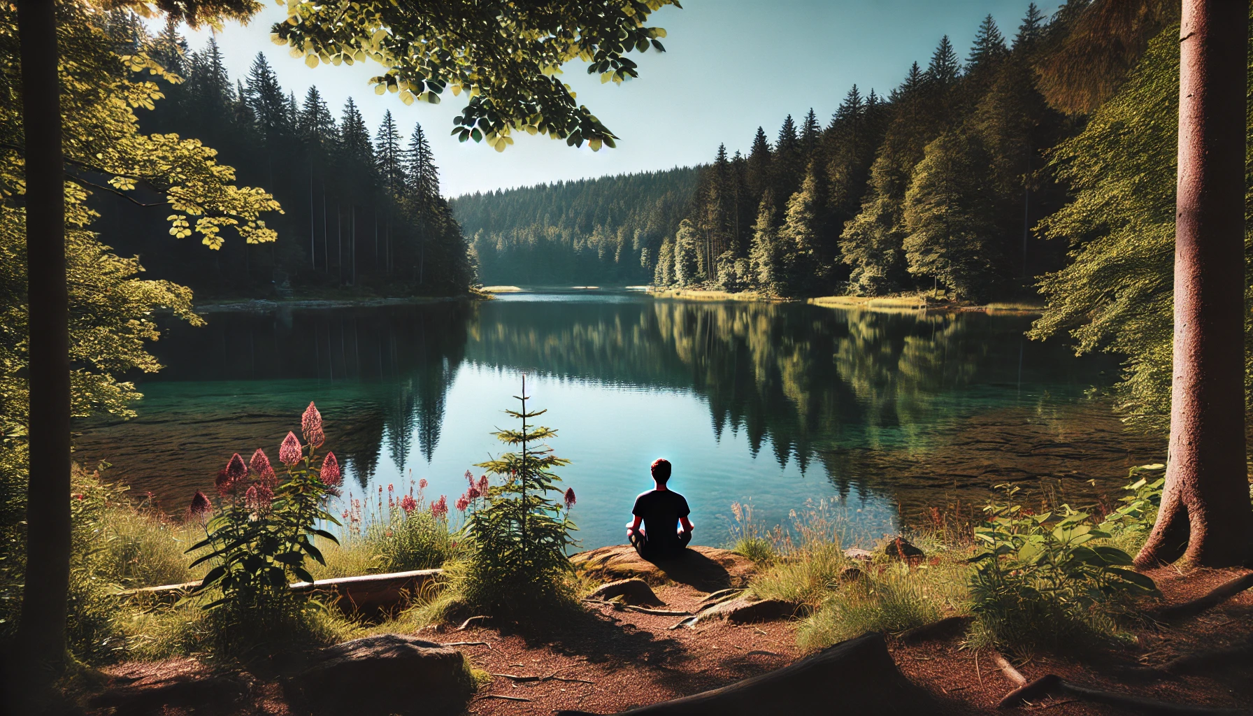 A serene silent retreat setting by a tranquil lake in a dense forest.