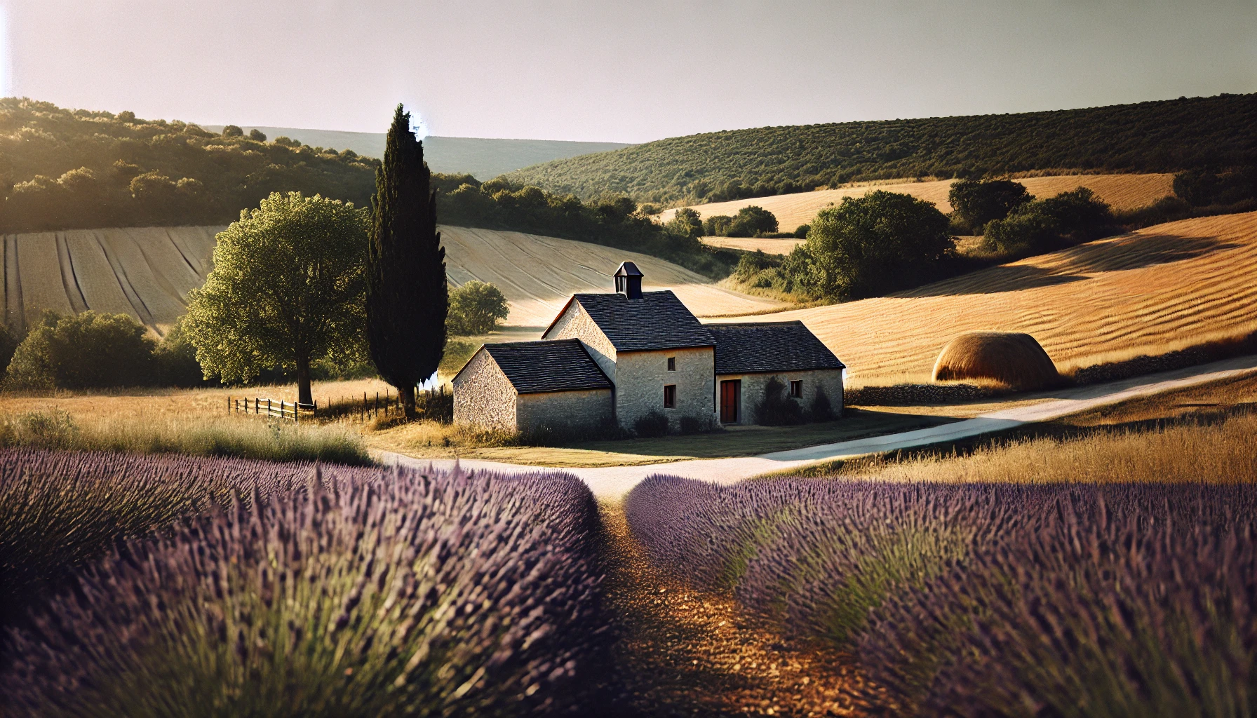 A serene silent retreat setting in a rural countryside with a cozy cottage, rolling hills and a lavender field.