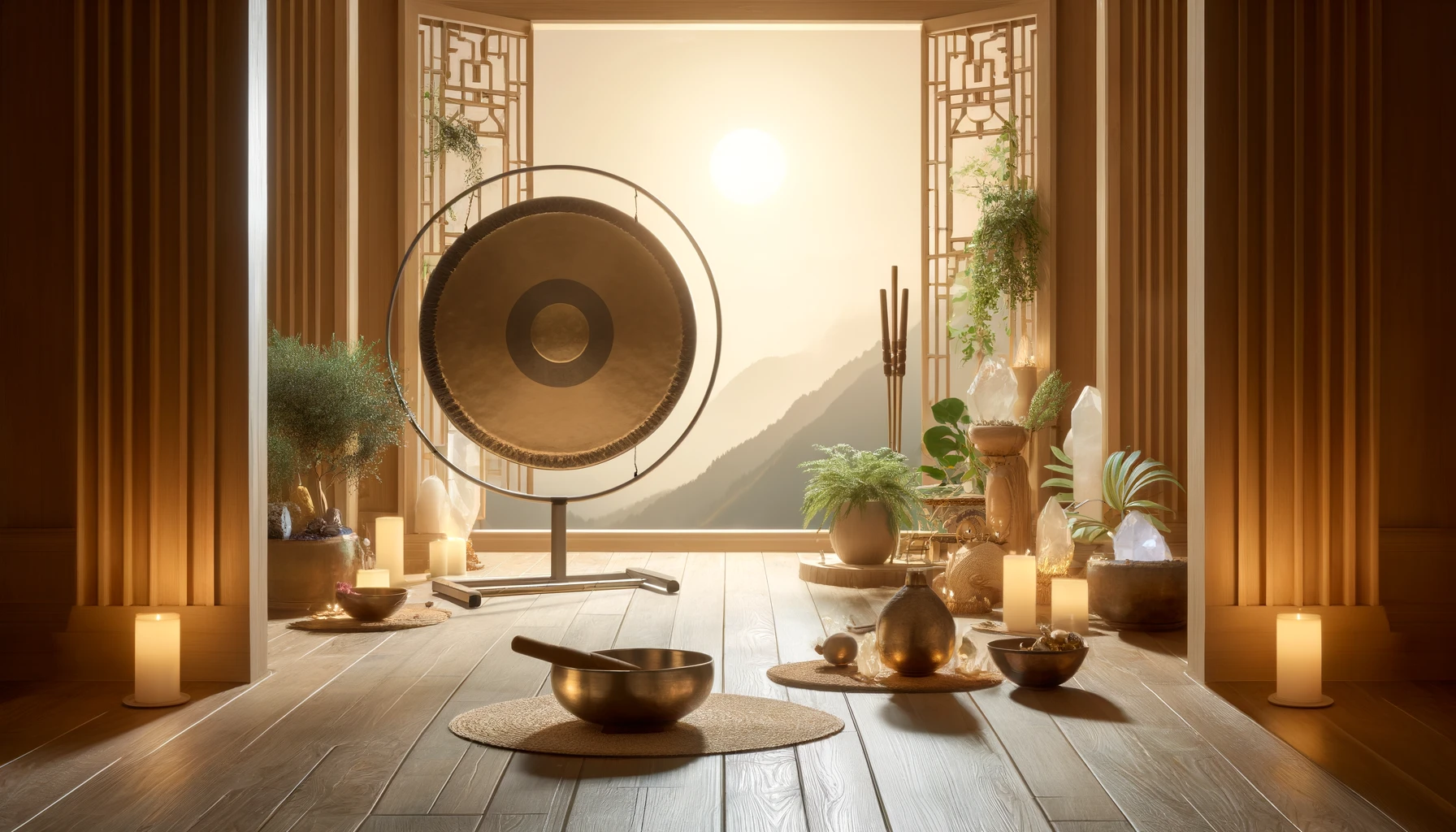 A serene space for sound healing with elements like a gong, singing bowls, and tuning forks. 