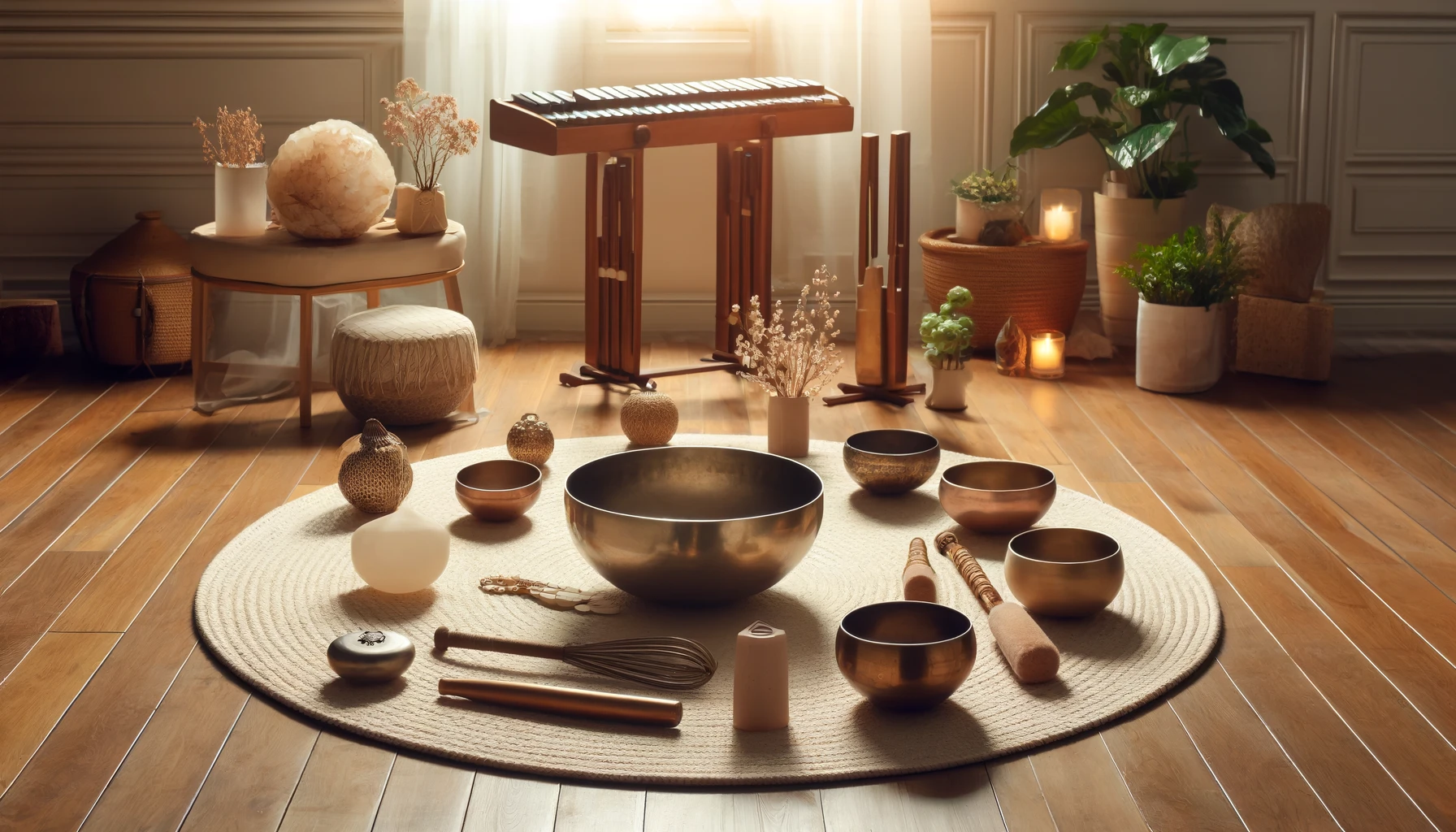 A serene environment showcasing sound healing tools 