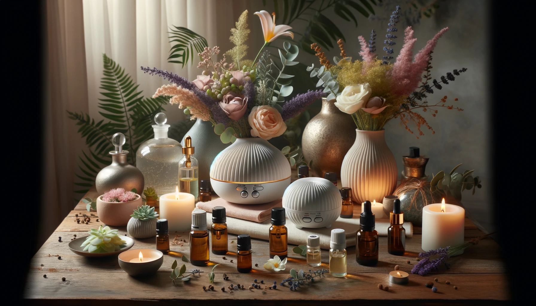 A tranquil and aesthetically pleasing scene featuring an assortment of essential oils like lavender, bergamot, ylang-ylang, clary sage, and frankincense. 