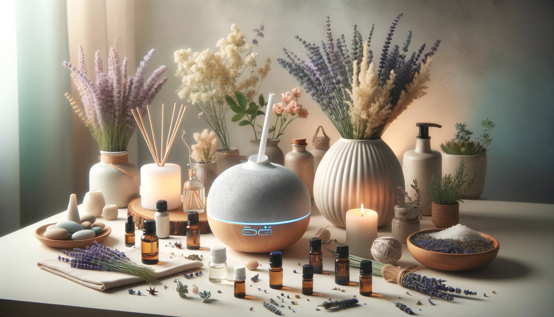 A serene, well-organized aromatherapy setup featuring different essential oils. 