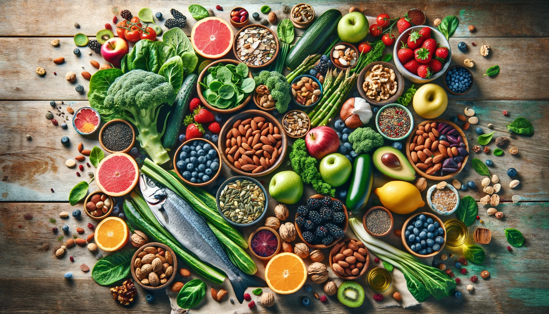 A beautifully arranged spread of nutrient-dense foods on a rustic wooden table.