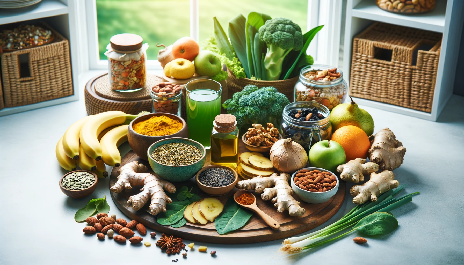 a variety of healing and energizing foods on a clean kitchen counter. 