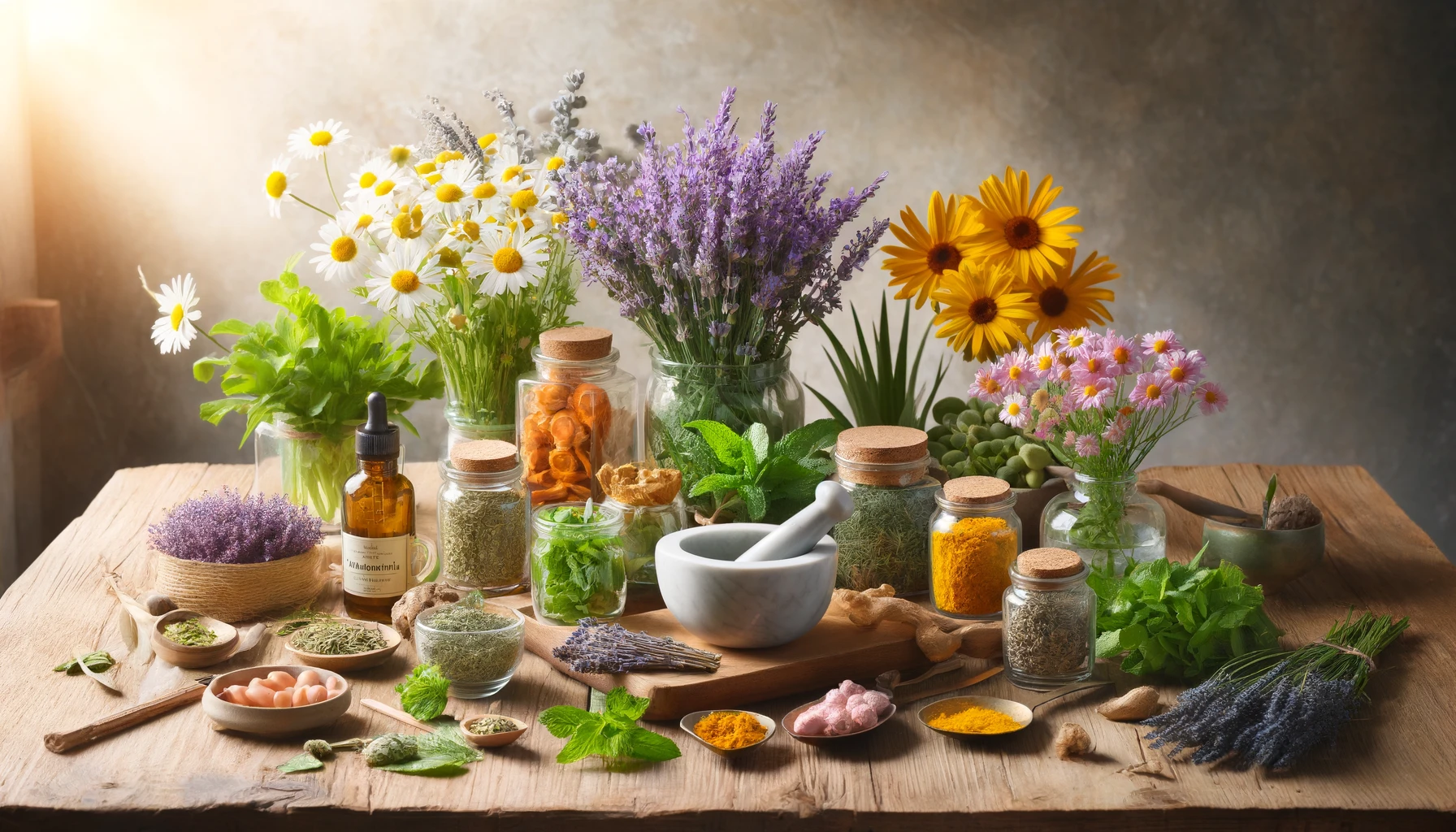 A beautiful, well-organized scene featuring an assortment of healing herbs displayed on a wooden table. 