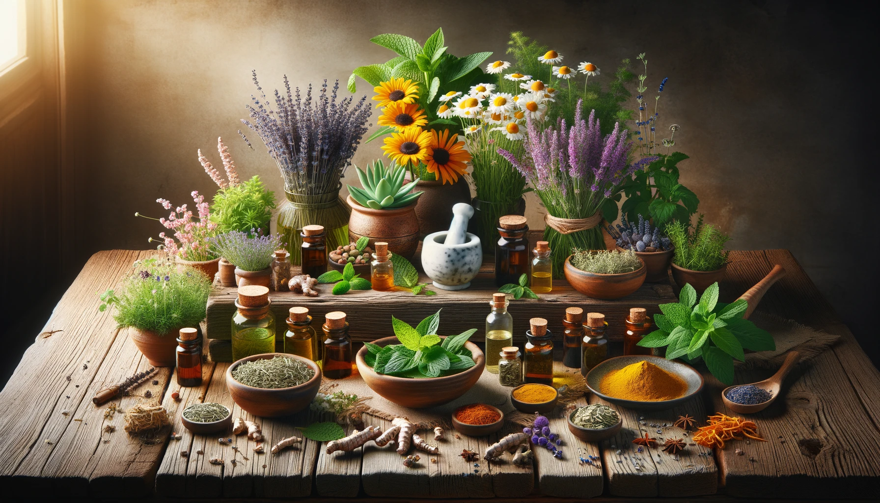 a variety of healing herbs arranged on a rustic table.