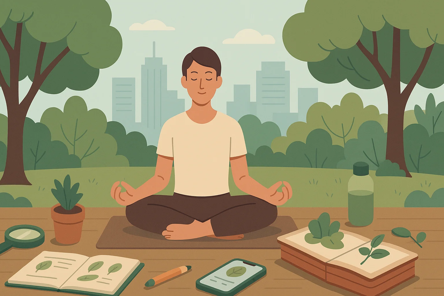 A man is practicing yoga in a big city park.