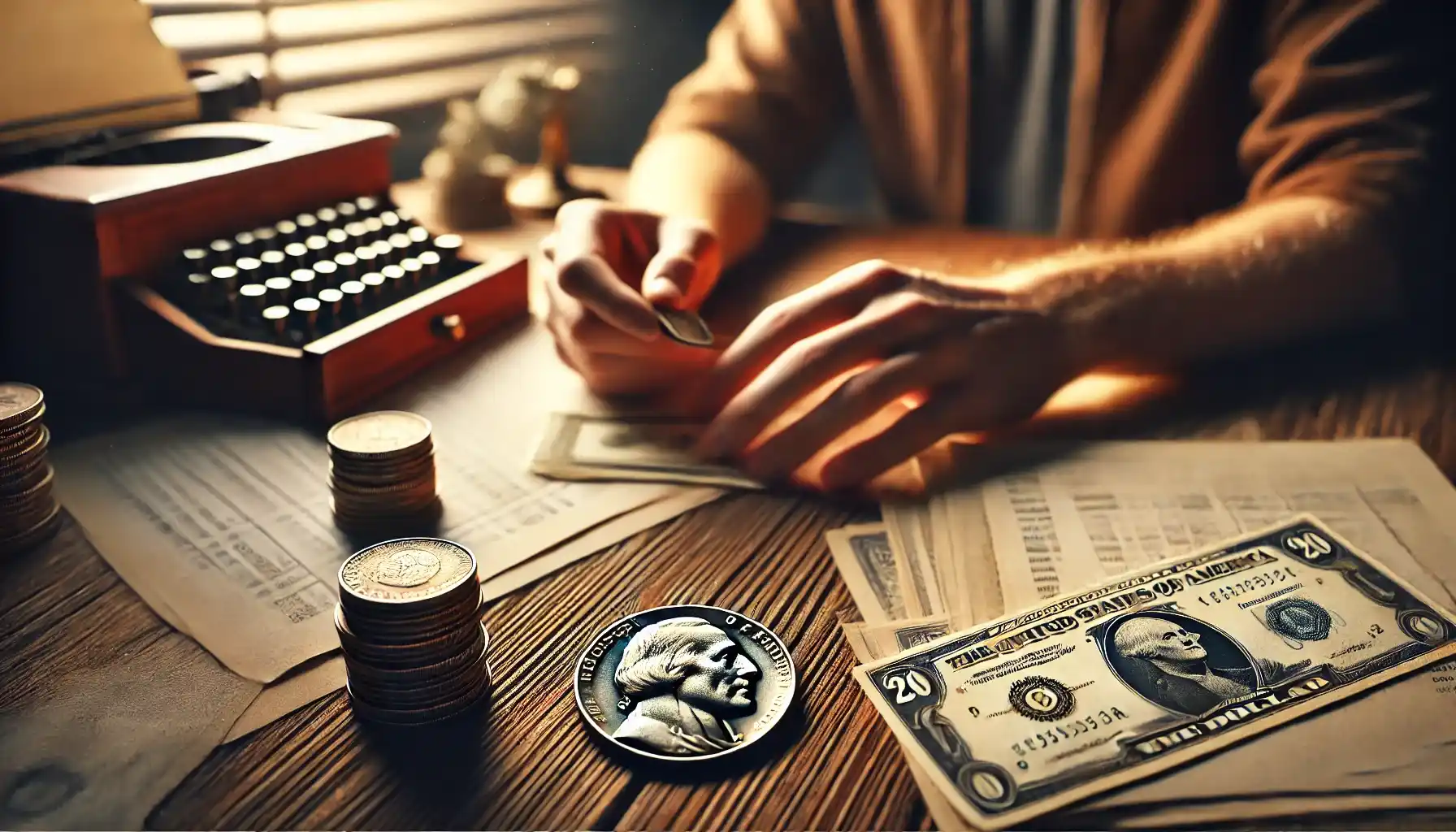 A person is counting and carefully handling money at a wooden table. 