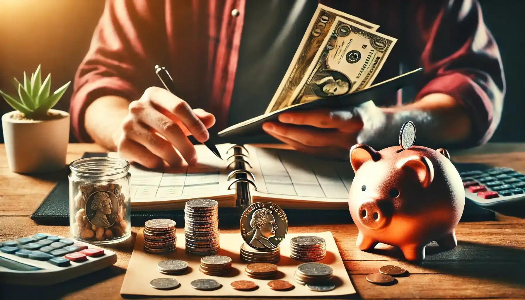 A person is sitting at a desk, organizing a stack of money with a financial planning notebook open in front of them.