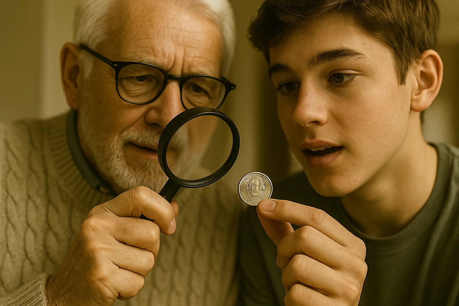 A grandfather uses a magnifying glass while his curious grandson studies a George Washington dollar in his hand.