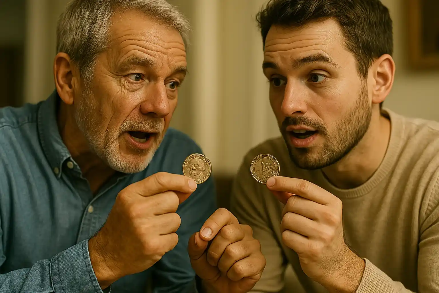 An older and a younger collector compare their coins closely, discussing the differences between Position A and Position B varieties of the George Washington dollar.