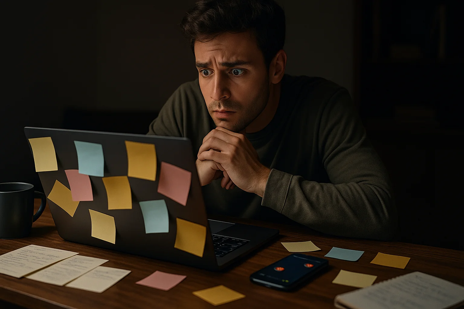 A young overloaded man sits at his cluttered desk, staring anxiously at his laptop screen filled with open tabs, surrounded by sticky notes and a buzzing phone.