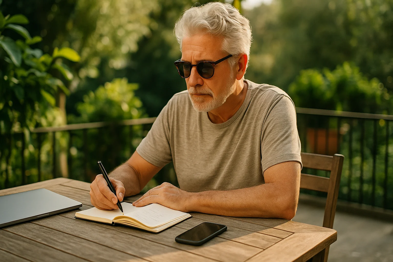 An older man enjoys a quiet moment on a green terrace, writing in a notebook beside a closed laptop and silenced phone.